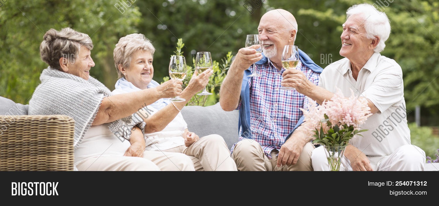 ✓ Panorama Of Happy And Active Senior People Making Toast In The Garden  image & stock photo. 254071312
